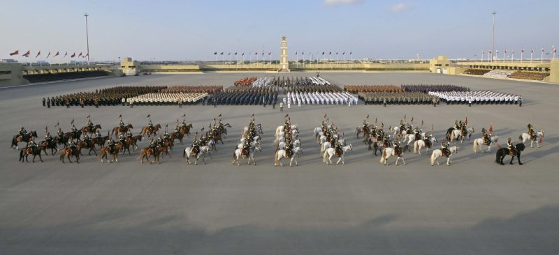 The mounted bands of the Royal Guard of Oman and the Royal Cavalry saluting His Majesty